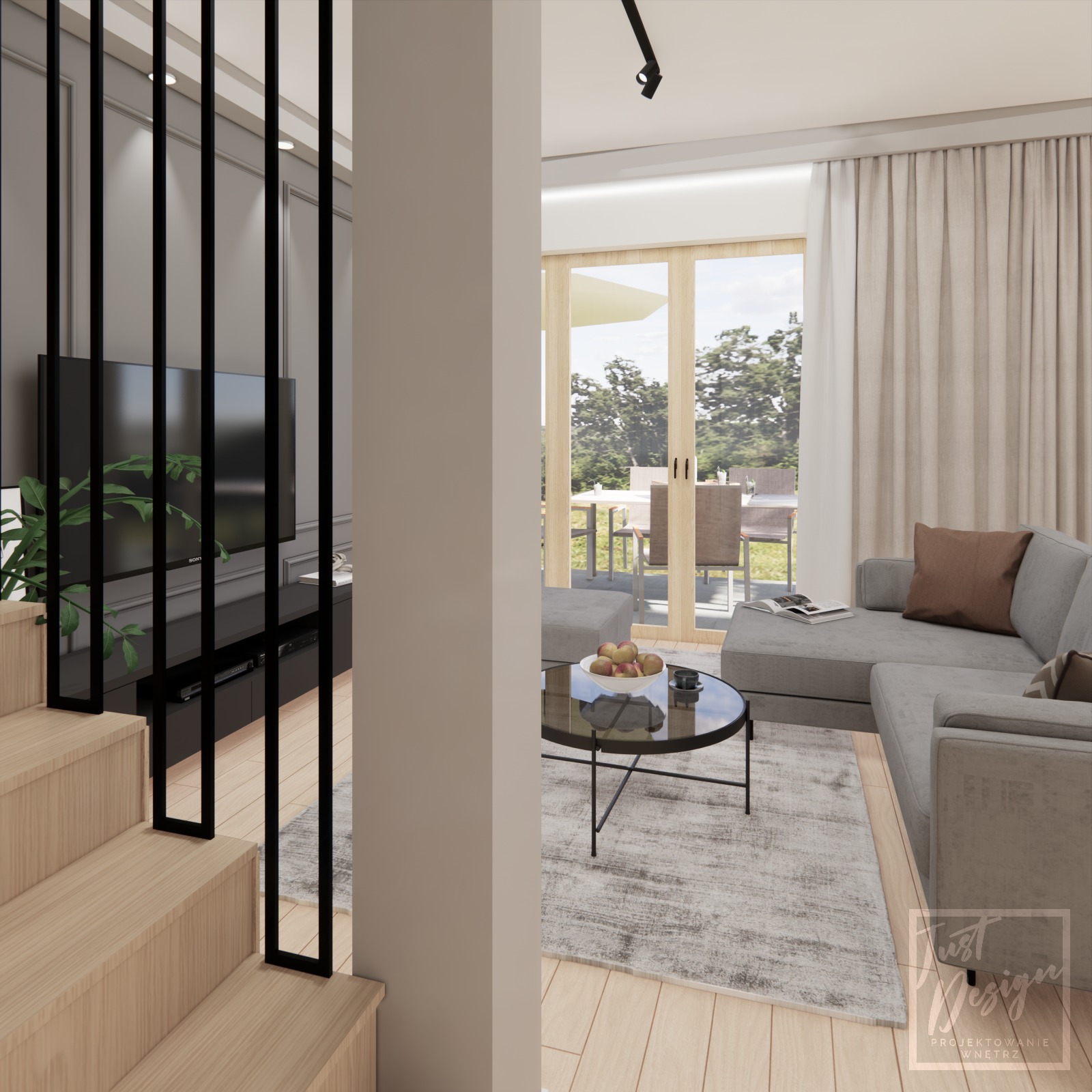 Wizualizacja salonu z wyjściem na taras, widok przez ażurową ściankę z drewnianymi schodami, szary narożnik, okrągły stolik kawowy z owocami, za oknem meble ogrodowe.