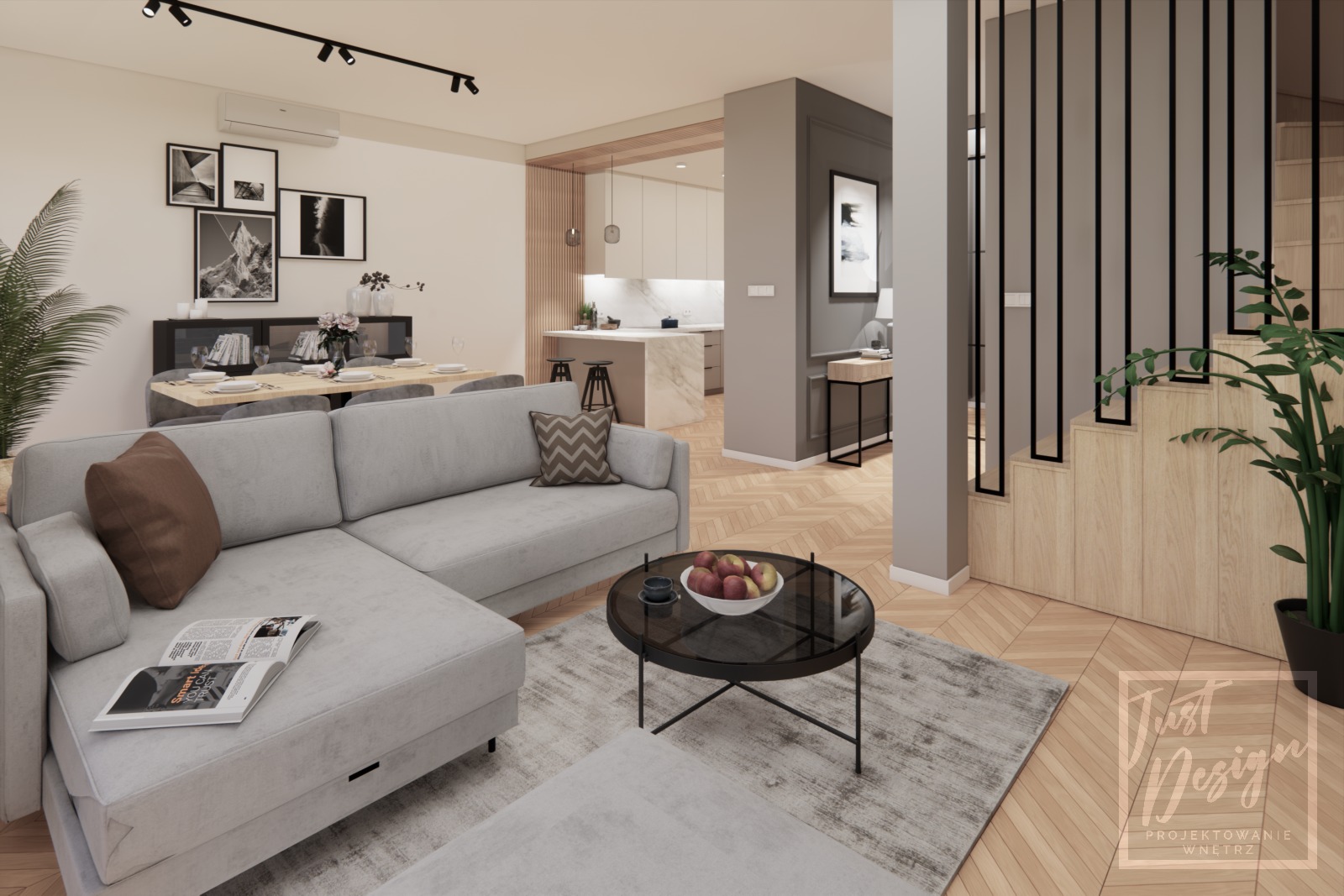 Wizualizacja salonu z narożną sofą, okrągłym stolikiem kawowym z owocami i widokiem na jadalnię oraz kuchnię z wyspą; schody z czarną balustradą i rośliną doniczkową w tle.