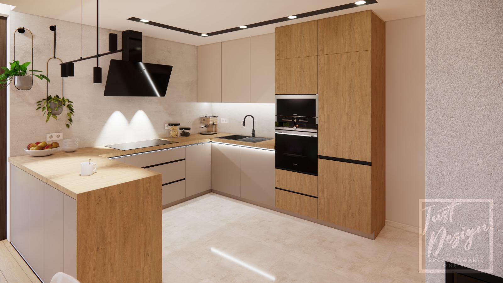 Wizualizacja nowoczesnej kuchni z drewnianymi i beżowymi frontami, czarnym okapem i oświetleniem LED pod szafkami, z roślinami wiszącymi na ścianie i misą owoców na blacie.