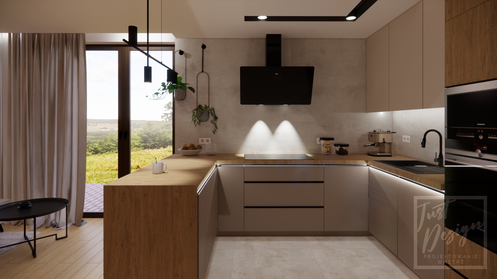 Wizualizacja nowoczesnej kuchni z drewnianym blatem, czarnym okapem i oknem z widokiem na zieleń, z lampami wiszącymi i roślinami doniczkowymi jako elementami dekoracyjnymi.