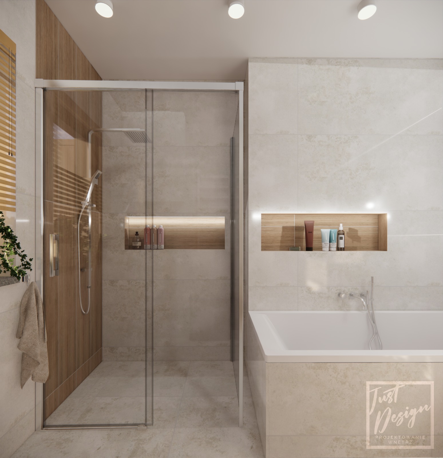 Wizualizacja nowoczesnej łazienki z kabiną prysznicową typu walk-in, beżowymi płytkami, drewnianymi akcentami w niszach ściennych z oświetleniem LED oraz białą wanną.