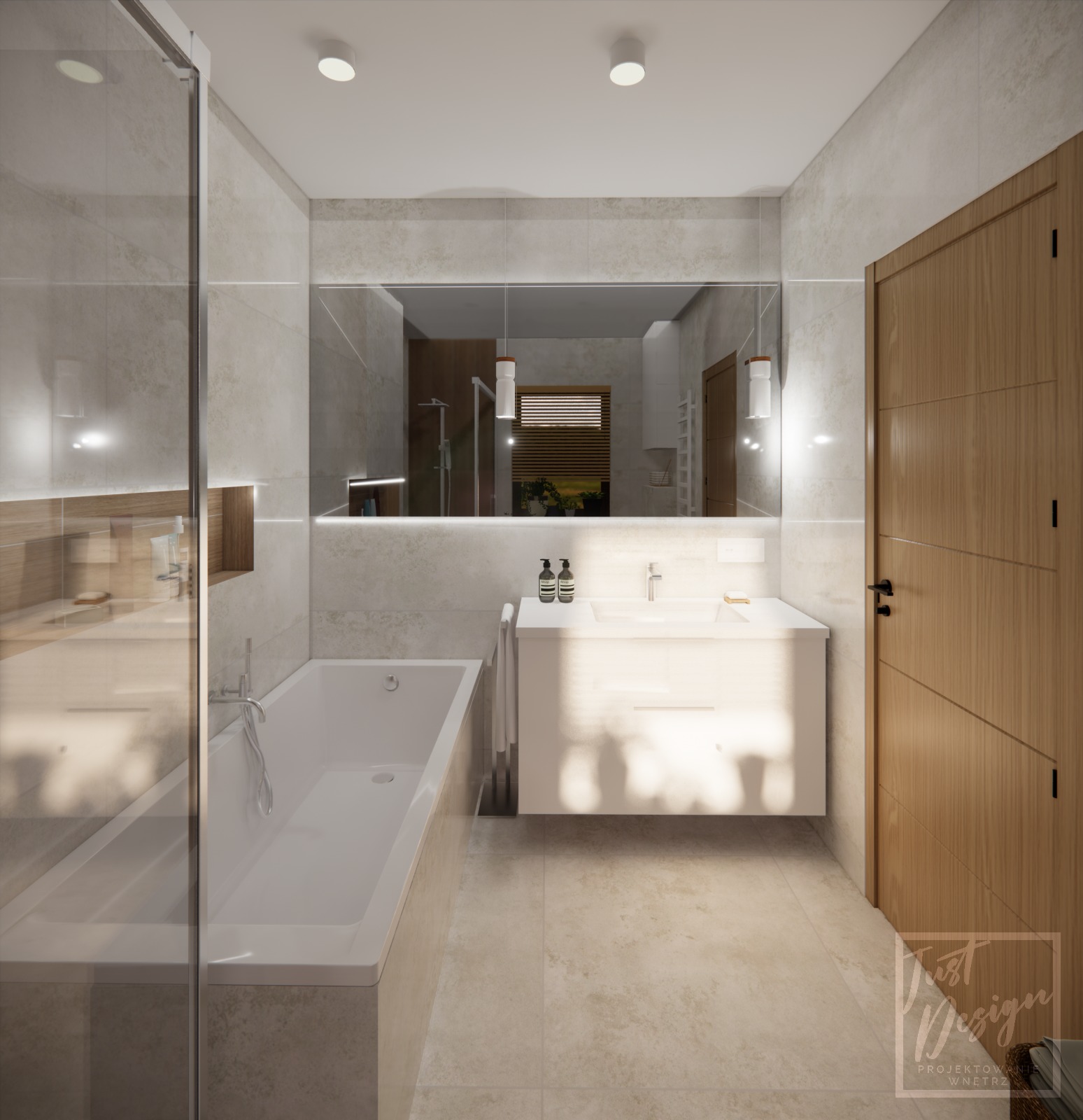 Wizualizacja łazienki w Bielanach Wrocławskich z wanną, umywalką z szafką w kolorze białym oraz lustrem z podświetleniem LED, odbijającym fragment prysznica i okna.