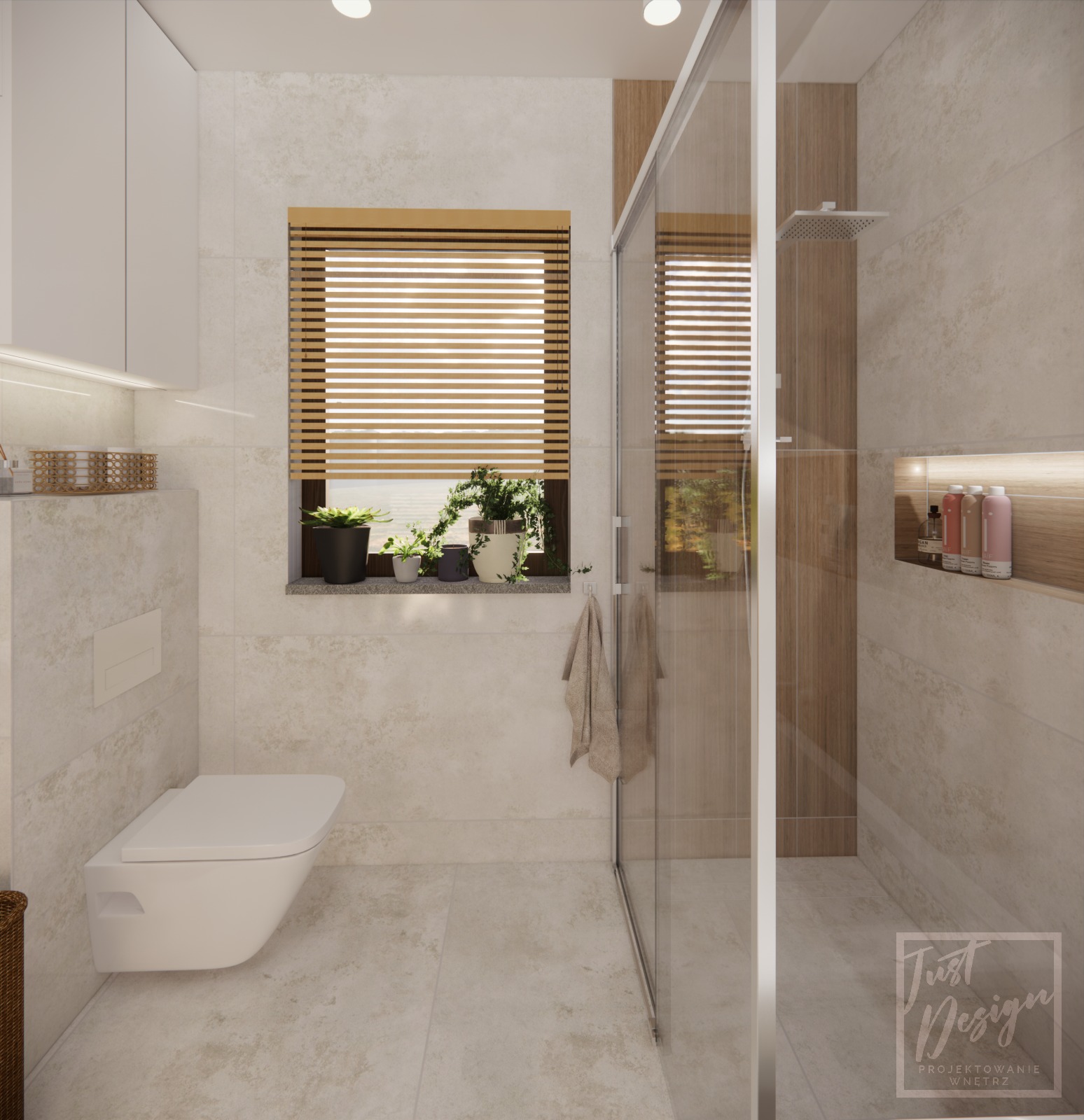 Wizualizacja łazienki w beżowych odcieniach z podwieszaną toaletą, kabiną prysznicową typu walk-in, drewnianymi żaluzjami w oknie i roślinami doniczkowymi na parapecie. W rogu kabiny widoczne...