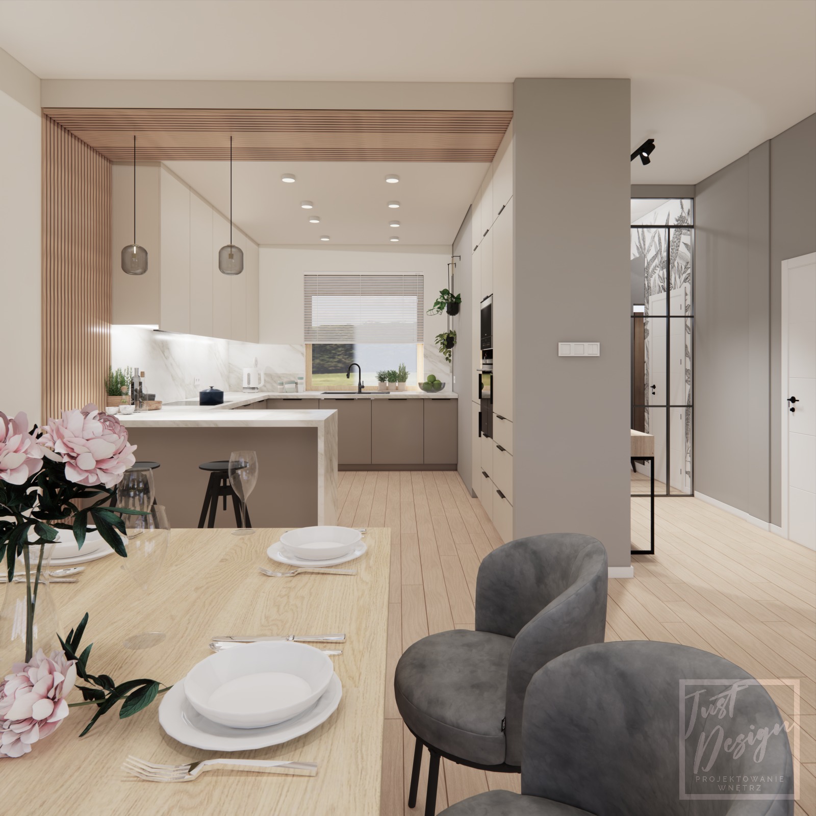 Wizualizacja wnętrza: jadalnia z drewnianym stołem, nakrytym do posiłku, w tle otwarta kuchnia z wyspą i nowoczesnymi lampami wiszącymi.