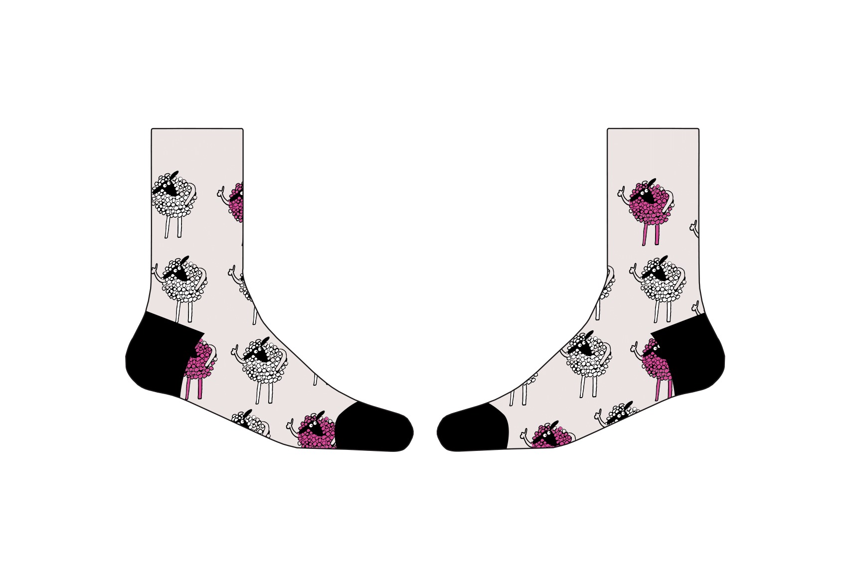 Para skarpetek z nadrukiem owiec, niektóre białe, niektóre różowe, na jasnym tle.