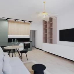 Wizualizacja wnętrza mieszkania: salon z aneksem kuchennym, biała sofa, okrągły stół z czarnymi krzesłami, zielona zabudowa kuchenna z drewnianymi frontami, wisząca półka i telewizor na białej...
