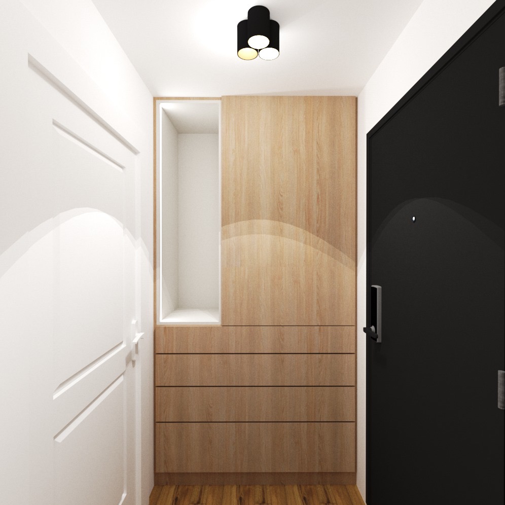 Wnętrze przedpokoju z zabudową meblową z drewna z szufladami i otwartą półką, czarne drzwi wejściowe, białe drzwi wewnętrzne, lampa sufitowa