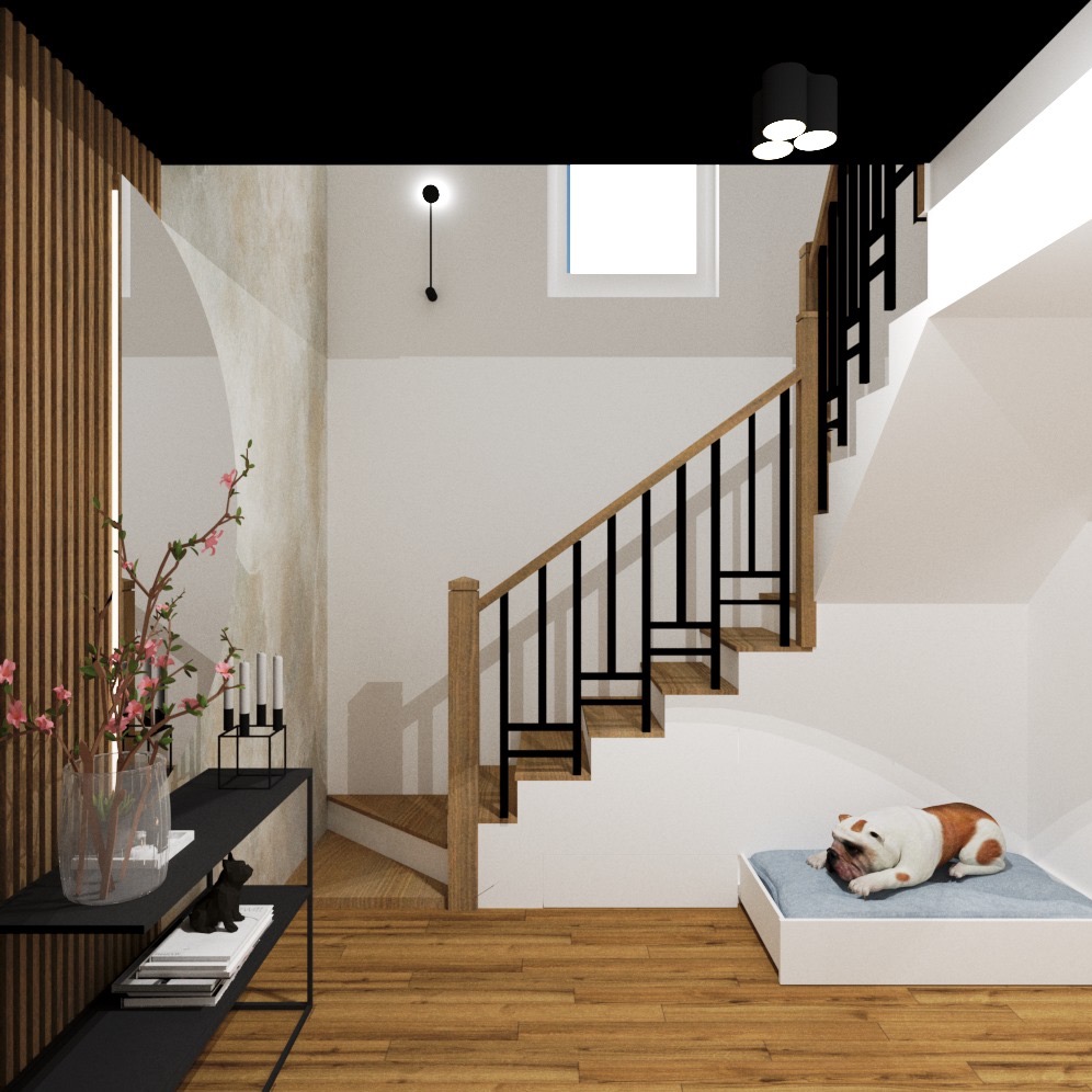Wizualizacja schodów z drewnianymi stopniami i czarną balustradą w nowoczesnym wnętrzu, z psem rasy buldog leżącym na legowisku u podnóża schodów, oraz minimalistyczną konsolą z dekoracjami...