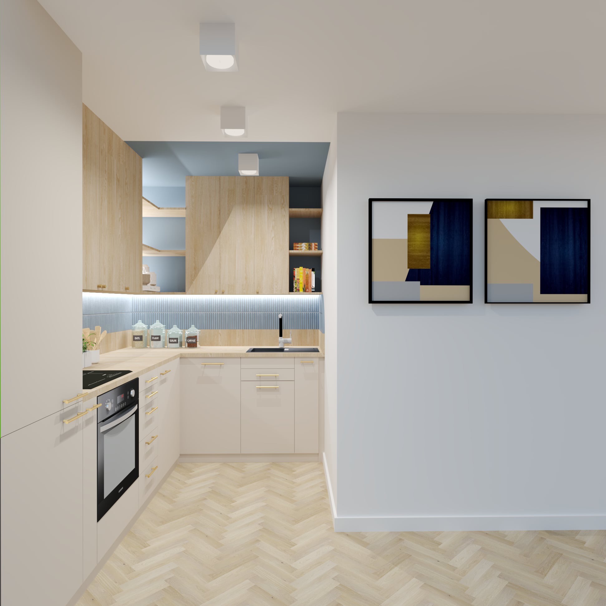Jasna kuchnia w stylu minimalistycznym z drewnianymi szafkami, błękitnymi płytkami nad blatem i parkietem ułożonym w jodełkę; na ścianie wiszą dwa abstrakcyjne obrazy.
