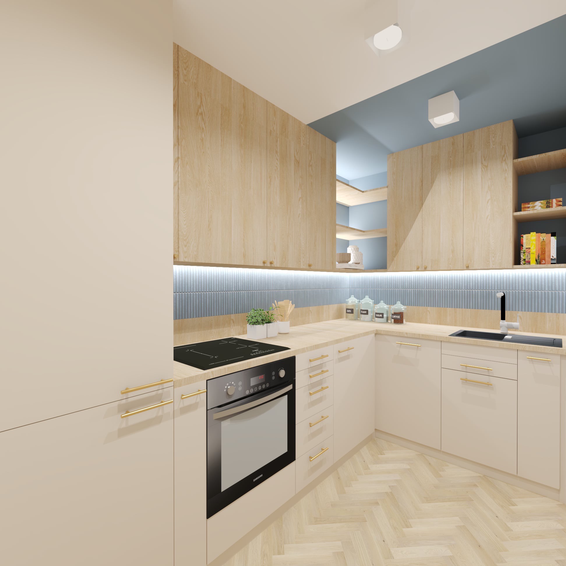 Jasna kuchnia z drewnianymi frontami szafek, niebieskimi płytkami nad blatem i parkietem w jodełkę na podłodze. Na blacie czarna płyta indukcyjna, piekarnik Samsung i szklane pojemniki na przyprawy.
