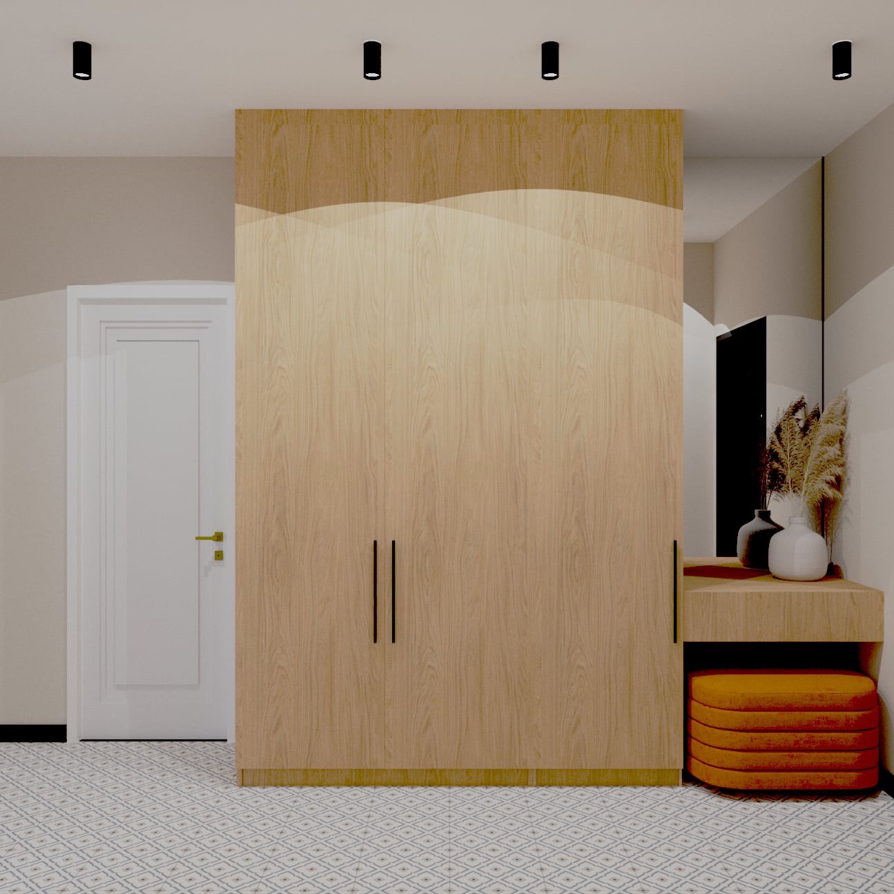 Wizualizacja przedpokoju z dużą drewnianą szafą z dekoracyjnym wzorem, białą ścianą z drzwiami, kremową toaletką z dekoracjami i pomarańczowym pufem na wzorzystej podłodze.