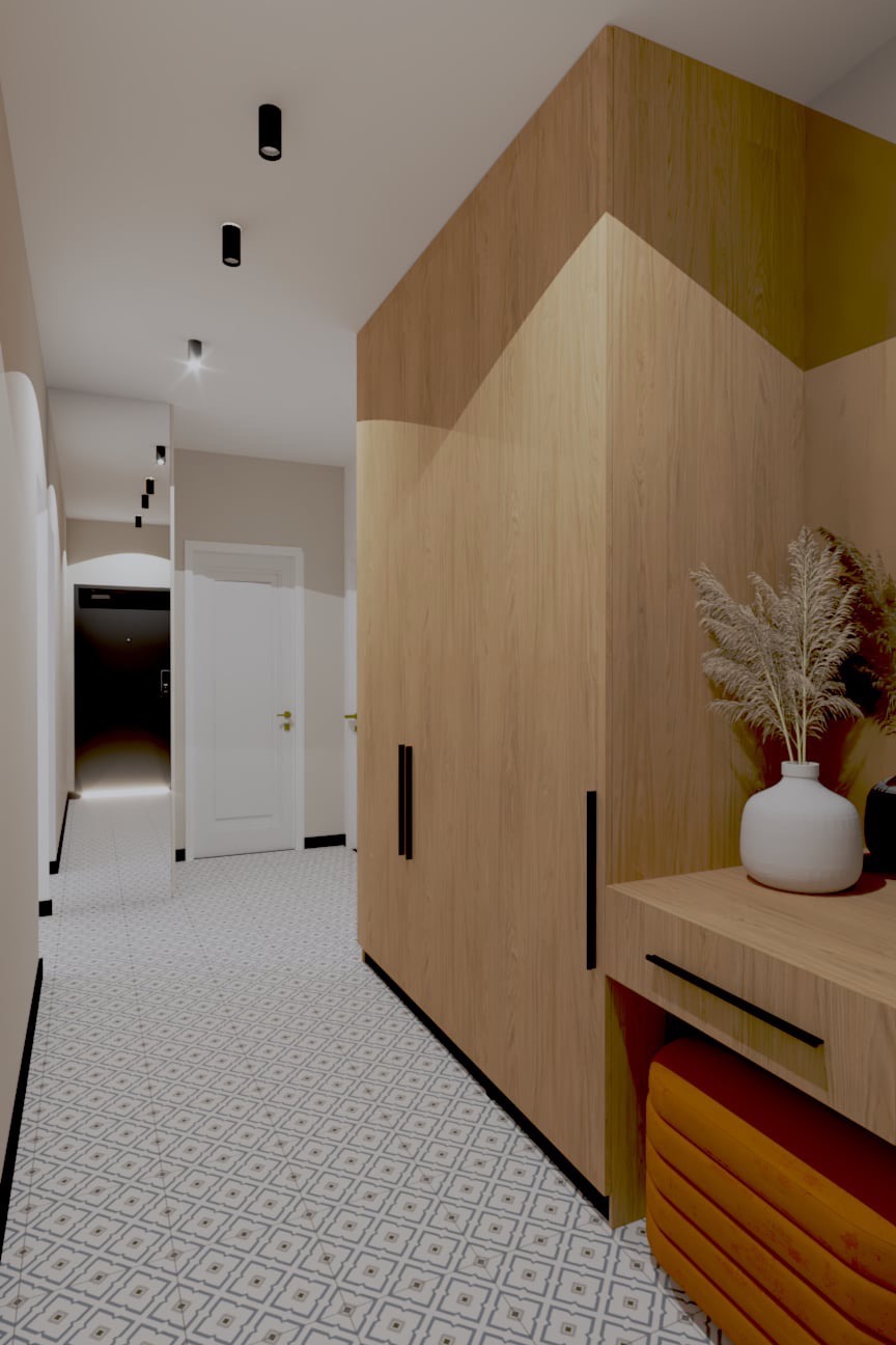 Nowoczesny przedpokój z drewnianą zabudową szafy, wzorzystą podłogą i dekoracyjnym wazonem z suszonymi trawami.