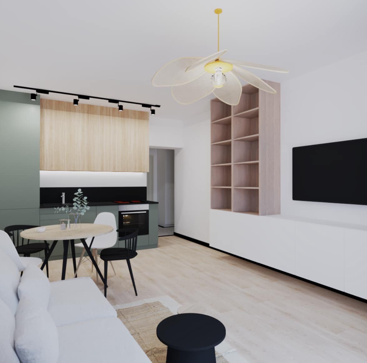 Wizualizacja wnętrza mieszkania: salon z aneksem kuchennym, biała sofa, okrągły stół z czarnymi krzesłami, zielona zabudowa kuchenna z drewnianymi frontami, wisząca półka i telewizor na białej...