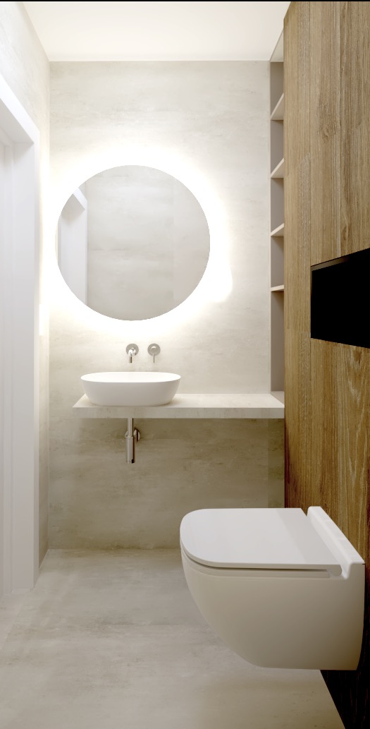 Minimalistyczna łazienka z okrągłym lustrem podświetlanym LED, wiszącą umywalką i toaletą podwieszaną, wykończona drewnem i jasnym gresem.