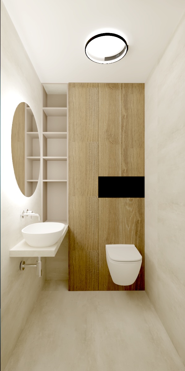 Minimalistyczna łazienka z okrągłym lustrem z podświetleniem LED, wiszącą umywalką na blacie, szafką z drewnopodobnymi frontami i wiszącą miską WC.