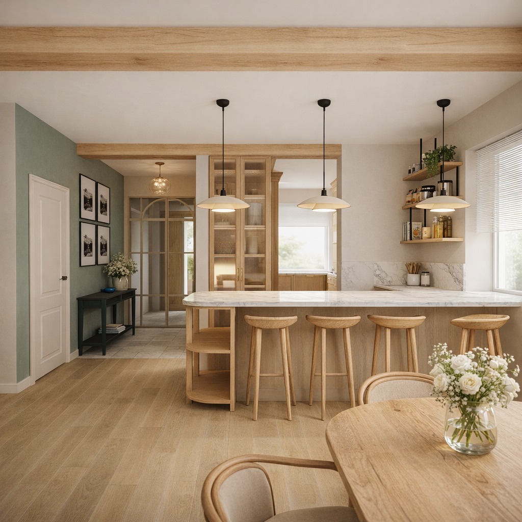 Jasna kuchnia z drewnianymi akcentami: wyspa z marmurowym blatem, hokerami i wiszącymi lampami. W tle przeszklone drzwi i półki z dekoracjami. Naturalne światło.