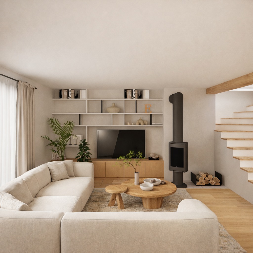 Jasny salon z kominkiem i drewnianymi schodami. Minimalistyczny design, beżowa sofa, okrągły stolik kawowy i półki z książkami tworzą przytulną przestrzeń.