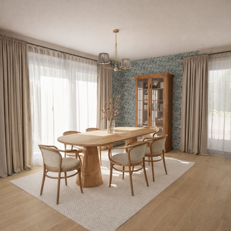 Jasna jadalnia z owalnym stołem z drewna, krzesłami z beżową tapicerką i wzorzystą tapetą. Naturalne światło wpada przez okna z beżowymi zasłonami.