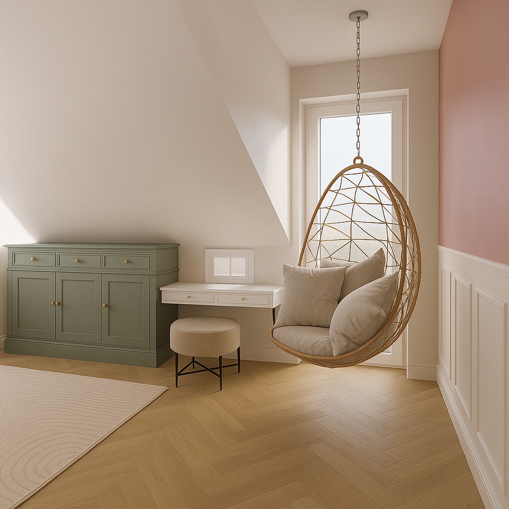 Jasne wnętrze pokoju na poddaszu z wiszącym fotelem, zieloną komodą i toaletką. Parkiet w jodełkę i dywan w geometryczne wzory dopełniają aranżację.