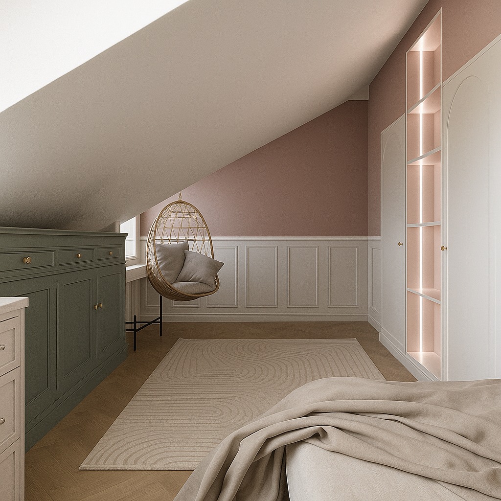 Pokój na poddaszu z wiszącym fotelem, dywanem w geometryczne wzory i zabudową meblową w odcieniach beżu i zieleni. Ściany w kolorze pudrowego różu.