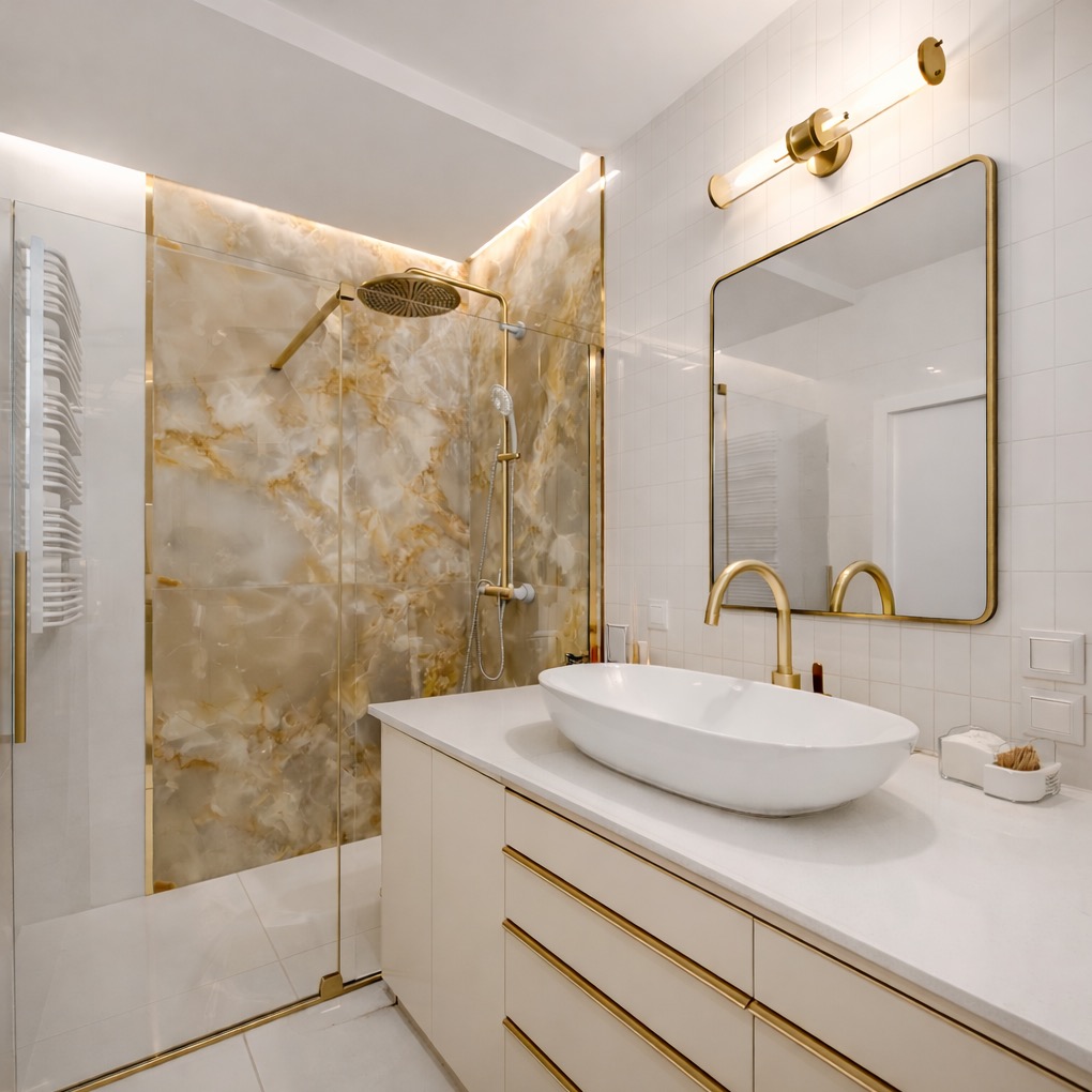 Elegancka łazienka w Gdyni z kabiną prysznicową wykończoną marmurem i złotymi detalami. Umywalka nablatowa i lustro w złotej ramie dodają luksusowego charakteru.