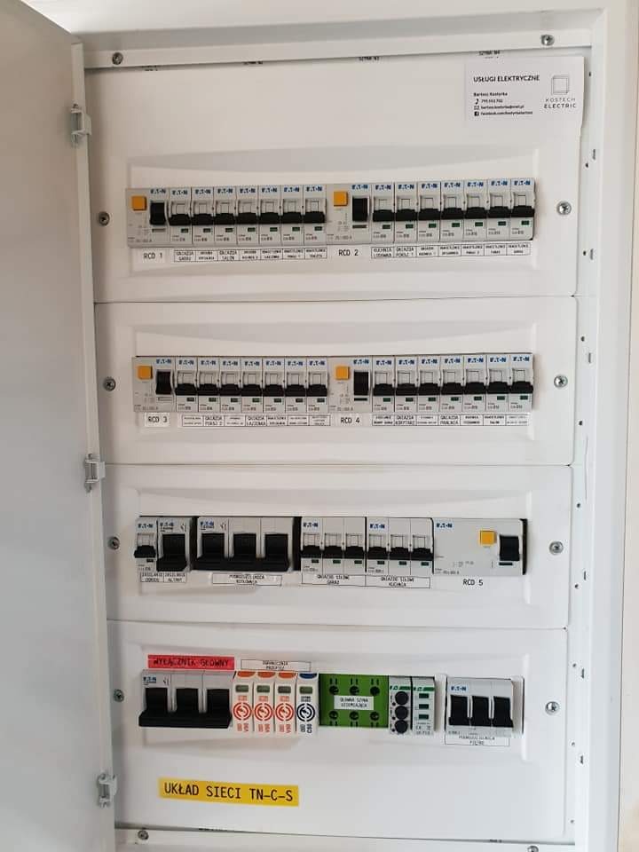 Otwarta skrzynka rozdzielcza z bezpiecznikami i wyłącznikami różnicowoprądowymi (RCD) oznaczonymi etykietami, układ sieci TN-C-S, widoczna naklejka z informacjami o firmie elektrycznej w prawym...