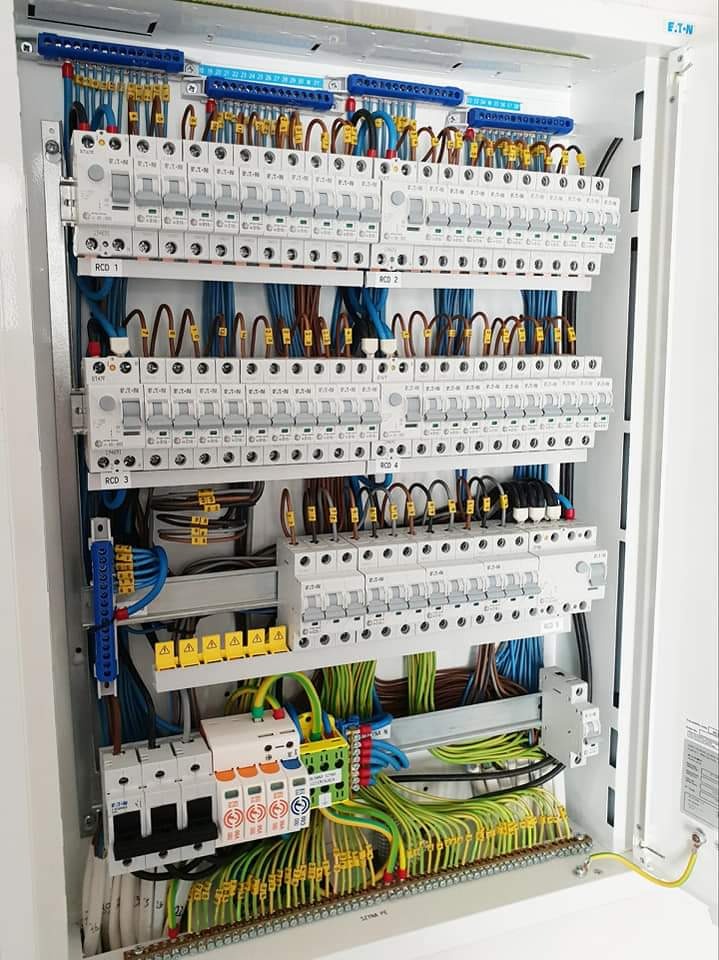 Rozdzielnica elektryczna Eaton z licznymi zabezpieczeniami różnicowoprądowymi, bezpiecznikami i listwami zaciskowymi, uporządkowane okablowanie w kolorach brązowym, niebieskim, żółto-zielonym...