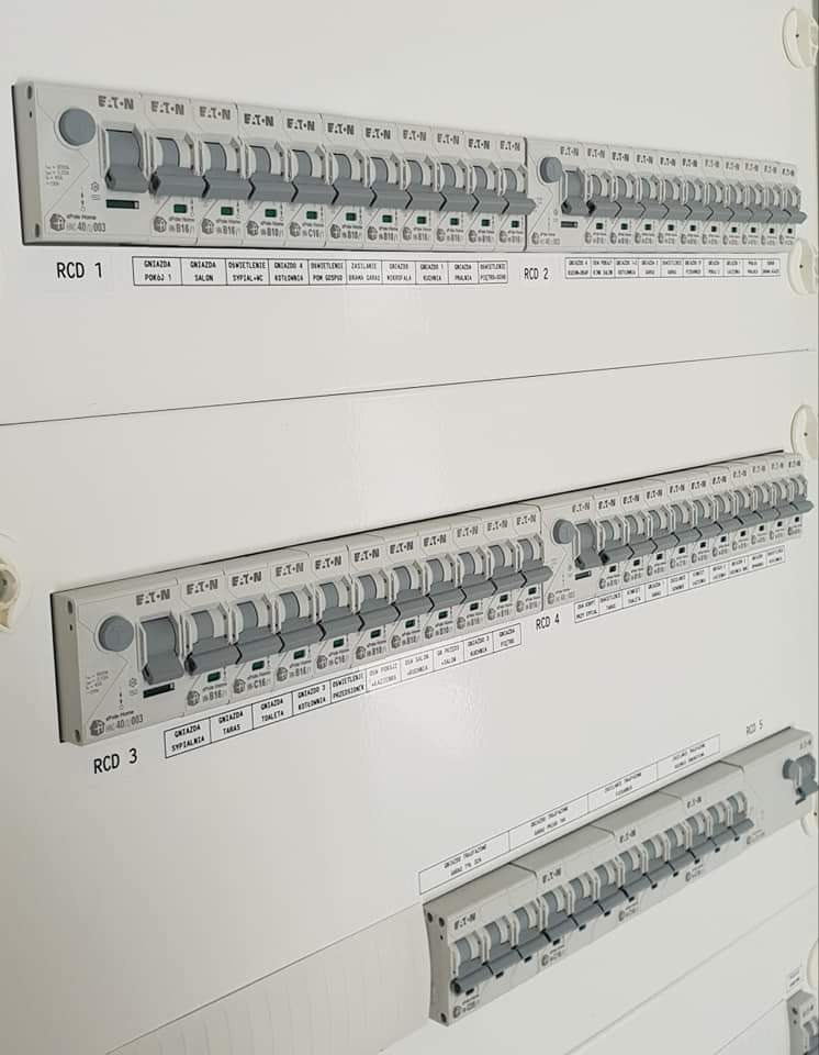 Rozdzielnica elektryczna marki Eaton z bezpiecznikami różnicowoprądowymi RCD 1-5, opisane obwody gniazd i oświetlenia dla różnych pomieszczeń, widok z lekkiego ukosa.