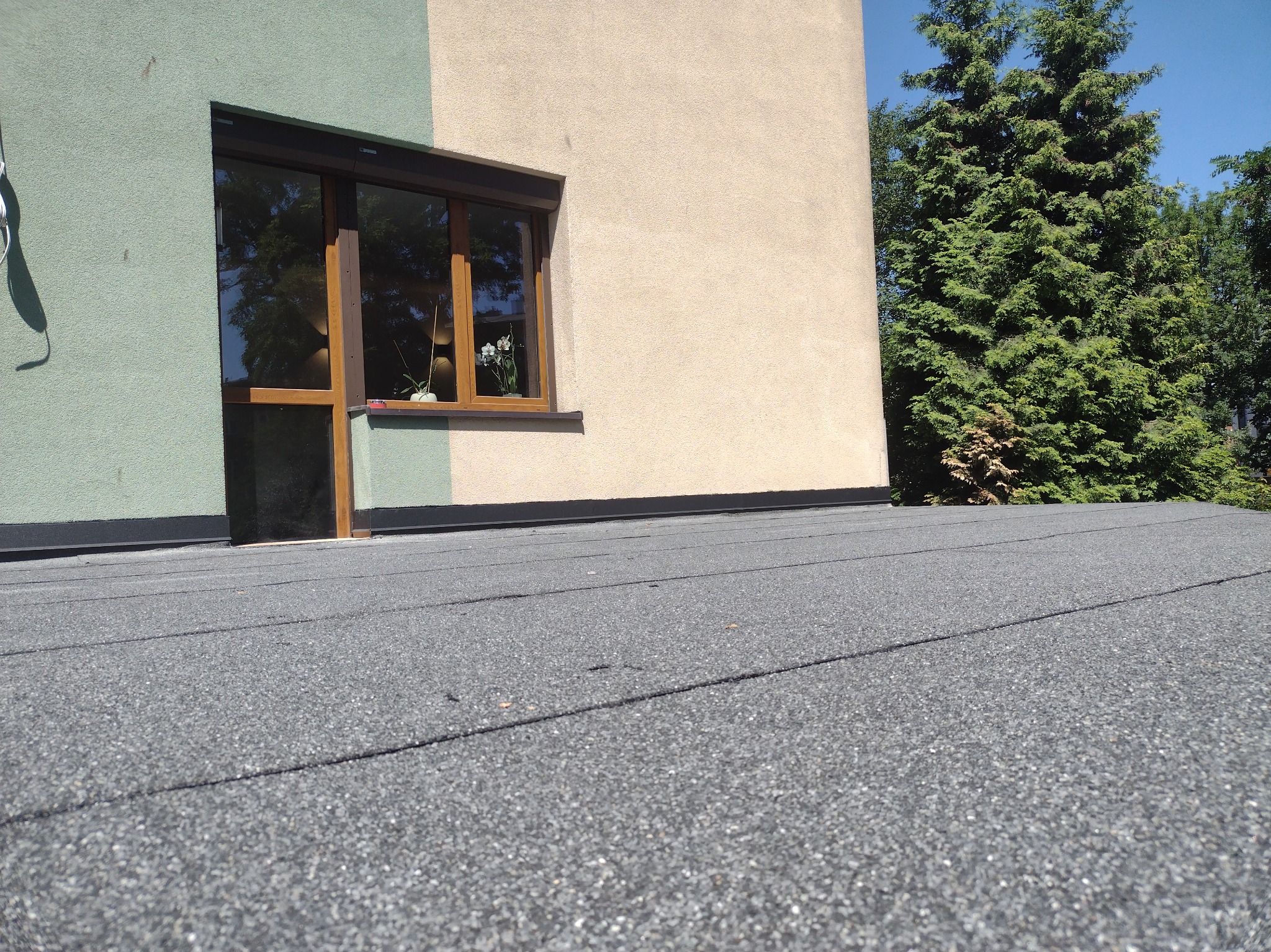 Szary dach pokryty papą bitumiczną, widok z bliska na tle ściany budynku z oknem i zielenią drzew.