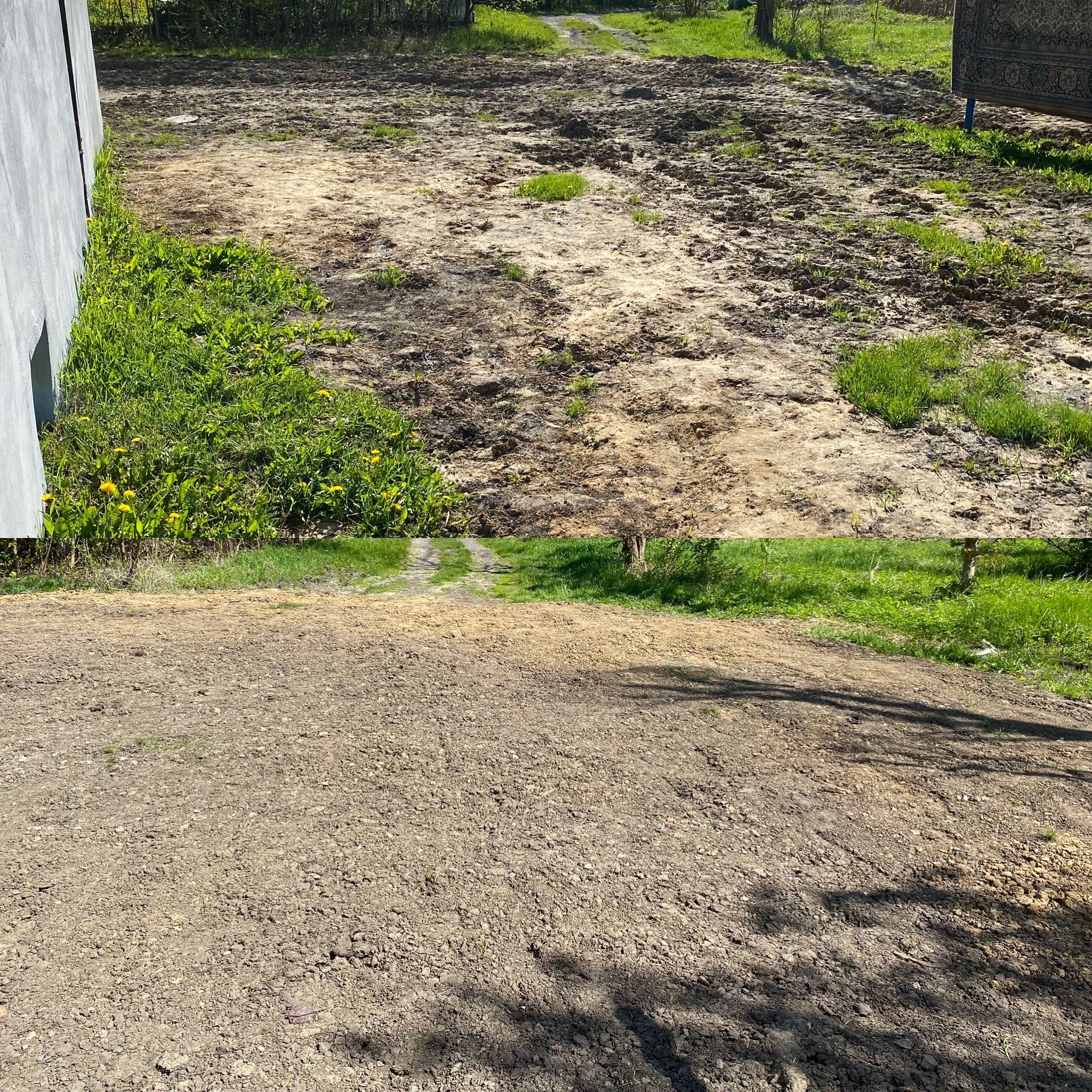 Dwa ujęcia tego samego terenu: górne pokazuje teren z resztkami trawy i chwastów, dolne prezentuje wyrównaną, przygotowaną podłoże pod trawnik.