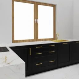 Wizualizacja kuchni: czarne, frezowane szafki z złotymi uchwytami, marmurowy blat i złota armatura przy oknie.