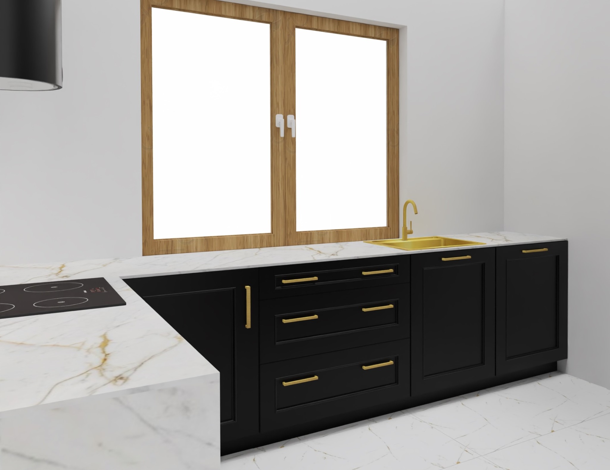 Wizualizacja kuchni: czarne, frezowane szafki z złotymi uchwytami, marmurowy blat i złota armatura przy oknie.