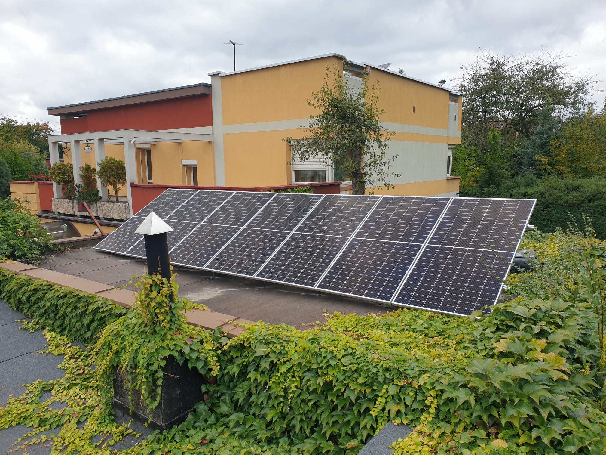 Panel fotowoltaiczny na dachu budynku mieszkalnego, otoczony zieloną roślinnością, widok z góry.
