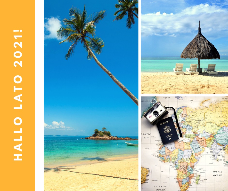 Kompozycja z palmą na plaży, parasolem z leżakami, paszportem i aparatem na mapie świata oraz napisem Hallo Lato 2021!