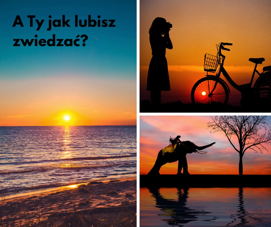 Kolaż trzech zdjęć: zachód słońca nad morzem, sylwetka kobiety robiącej zdjęcie obok roweru na tle zachodzącego słońca, oraz sylwetka osoby jadącej na słoniu obok drzewa odbijającego się w wodzie...