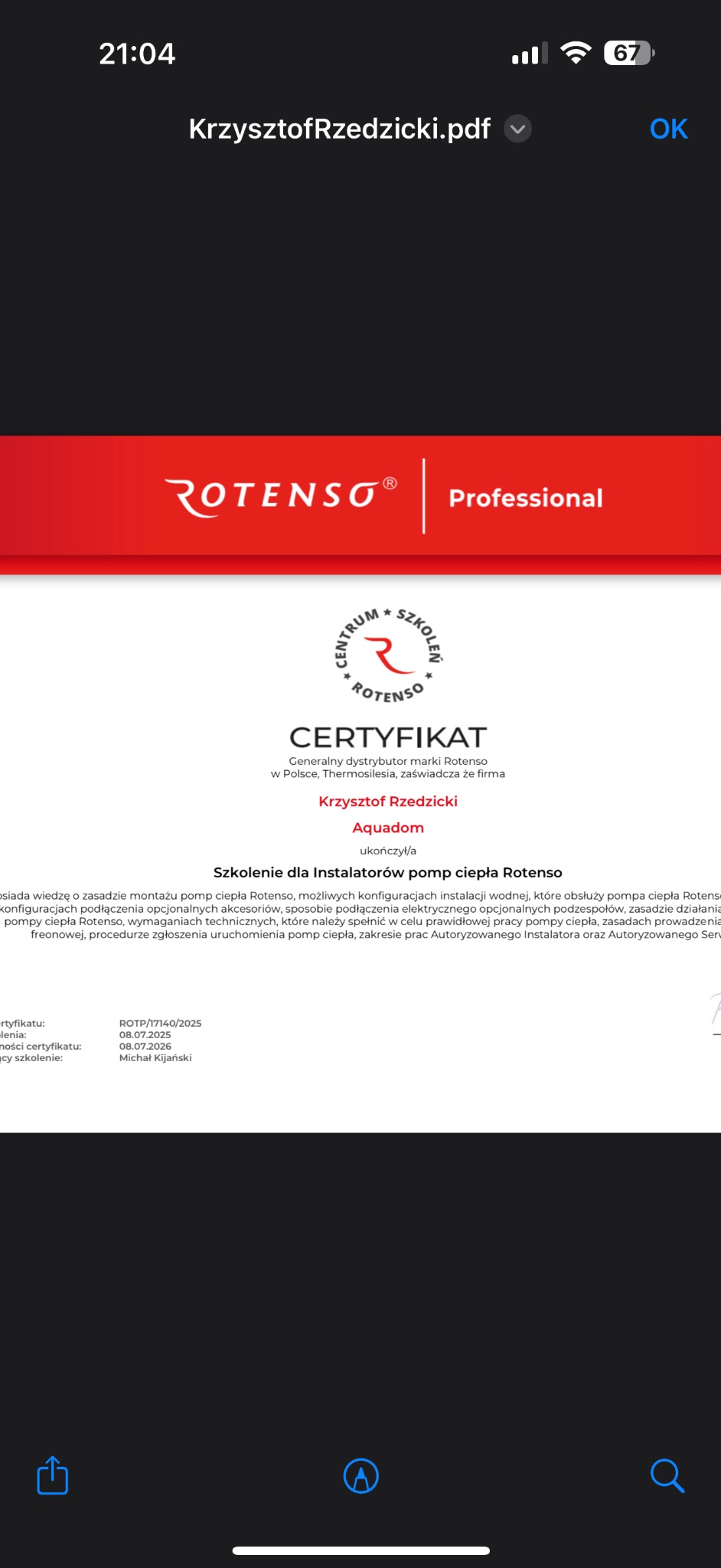 Certyfikat Rotenso dla Krzysztofa Rzedzickiego z Aquadom za szkolenie instalatorów pomp ciepła. Dokument z datami ważności i podpisem.