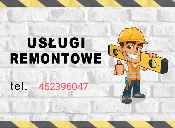 Grafika reklamowa: Usługi remontowe, numer telefonu na tle białej cegły, postać budowlańca z poziomicą i kciukiem w górę.