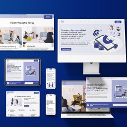 DP Vision - Zestaw urządzeń (monitor, laptop, tablet, smartfony) prezentujących strony internetowe z ofertą kursów i szkoleń biznesowych, na jednolitym niebieskim tle.