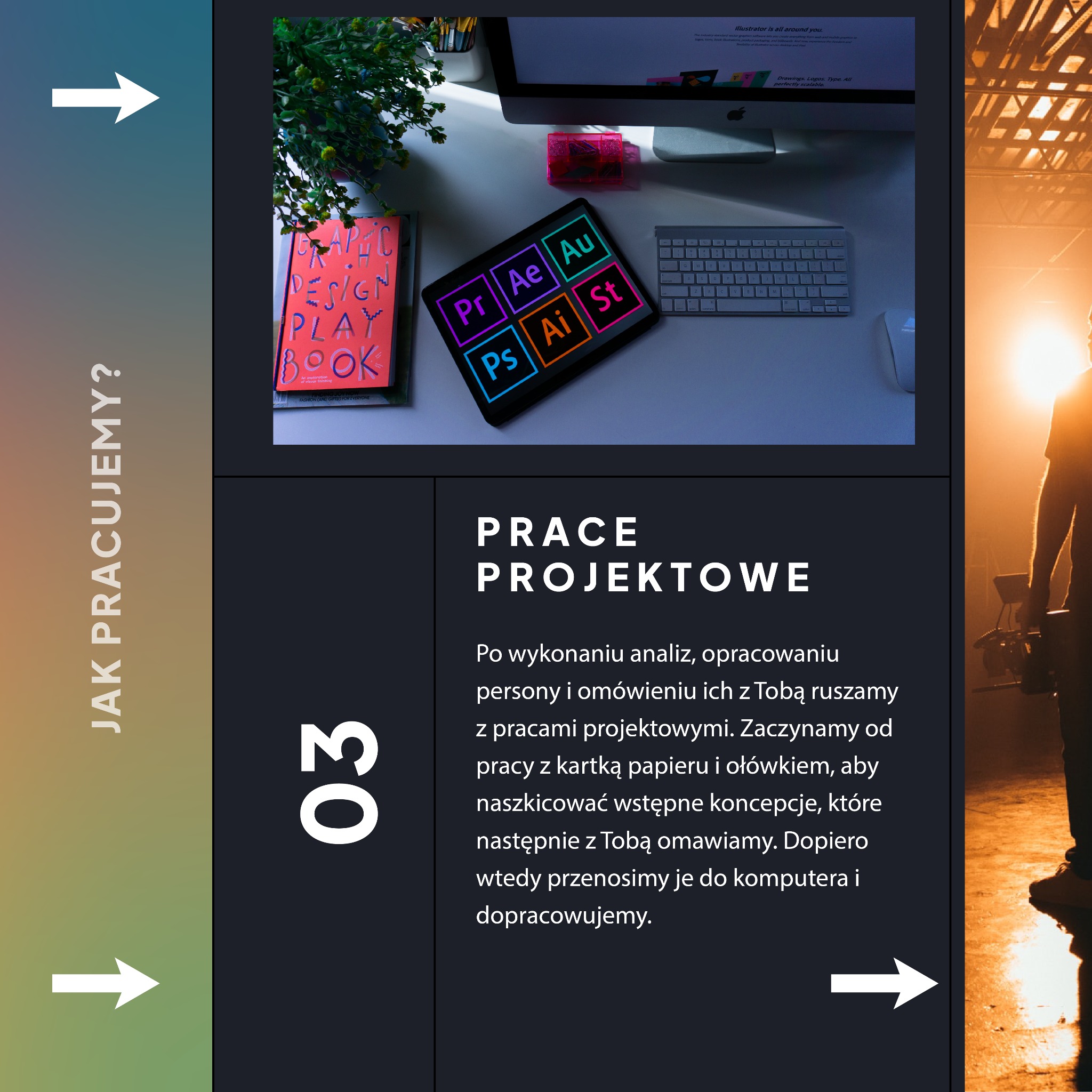 Biurko z komputerem iMac, klawiaturą, tabletem z ikonami programów graficznych Adobe, książką o projektowaniu graficznym i rośliną doniczkową.