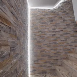 Wąski korytarz wykończony dekoracyjną okładziną kamienną w odcieniach beżu i szarości, oświetlony liniowym światłem LED wzdłuż sufitu i ściany, marmurowe schody z terazzo.