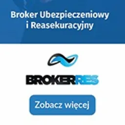 Grafika z logo brokera ubezpieczeniowego BrokerRES na białym tle, z niebieskim akcentem w logo i przyciskiem 'Zobacz więcej'.