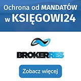 Reklama BrokerRes i Księgowi24 z hasłem 'Ochrona od mandatów' na niebieskim tle, poniżej logo BrokerRes i przycisk 'Zobacz więcej'.