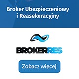Grafika z logo brokera ubezpieczeniowego BrokerRES na białym tle, z niebieskim akcentem w logo i przyciskiem 'Zobacz więcej'.