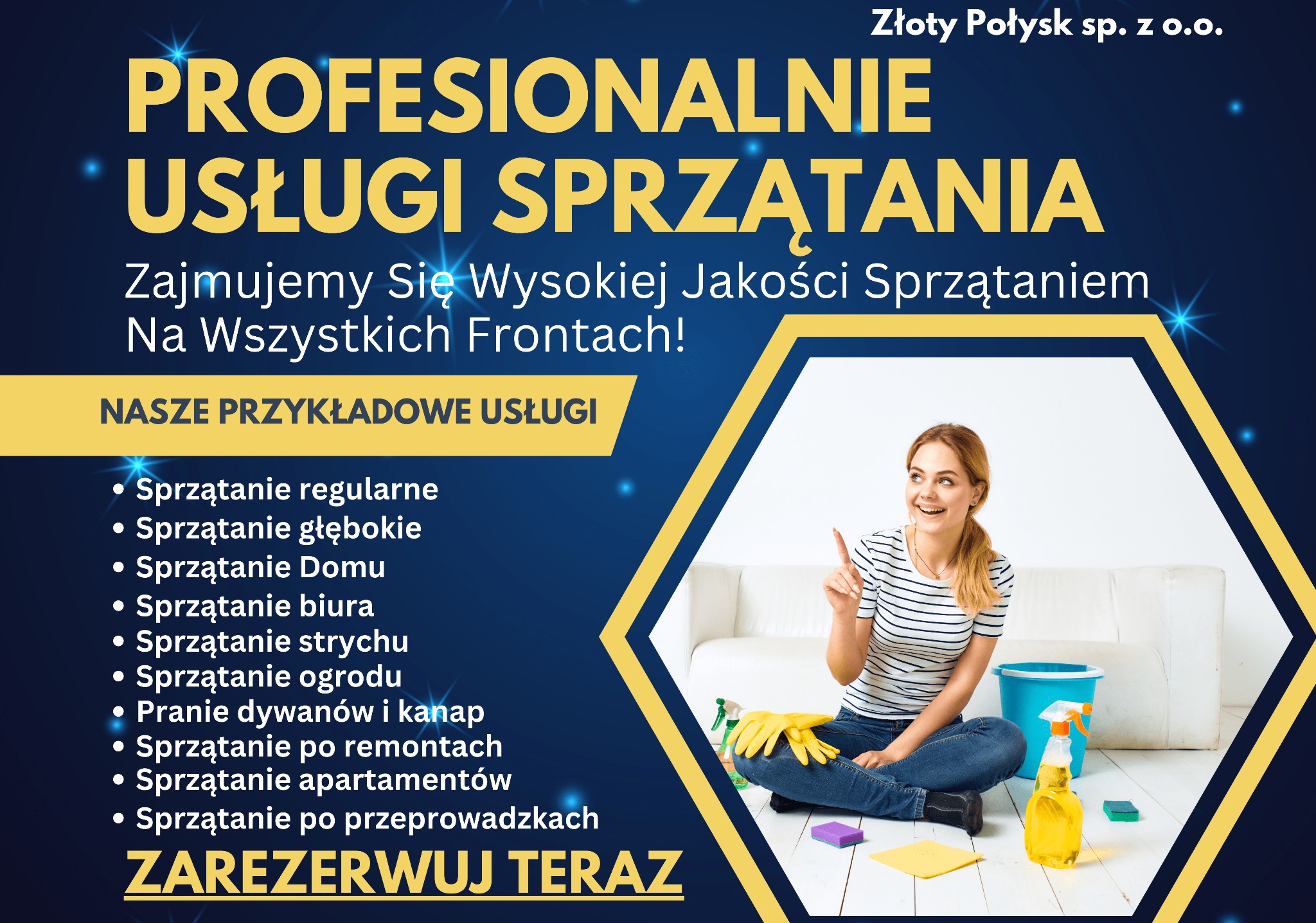 Kobieta siedzi na podłodze z akcesoriami do sprzątania, w tle biała sofa, grafika reklamowa firmy sprzątającej z listą usług.