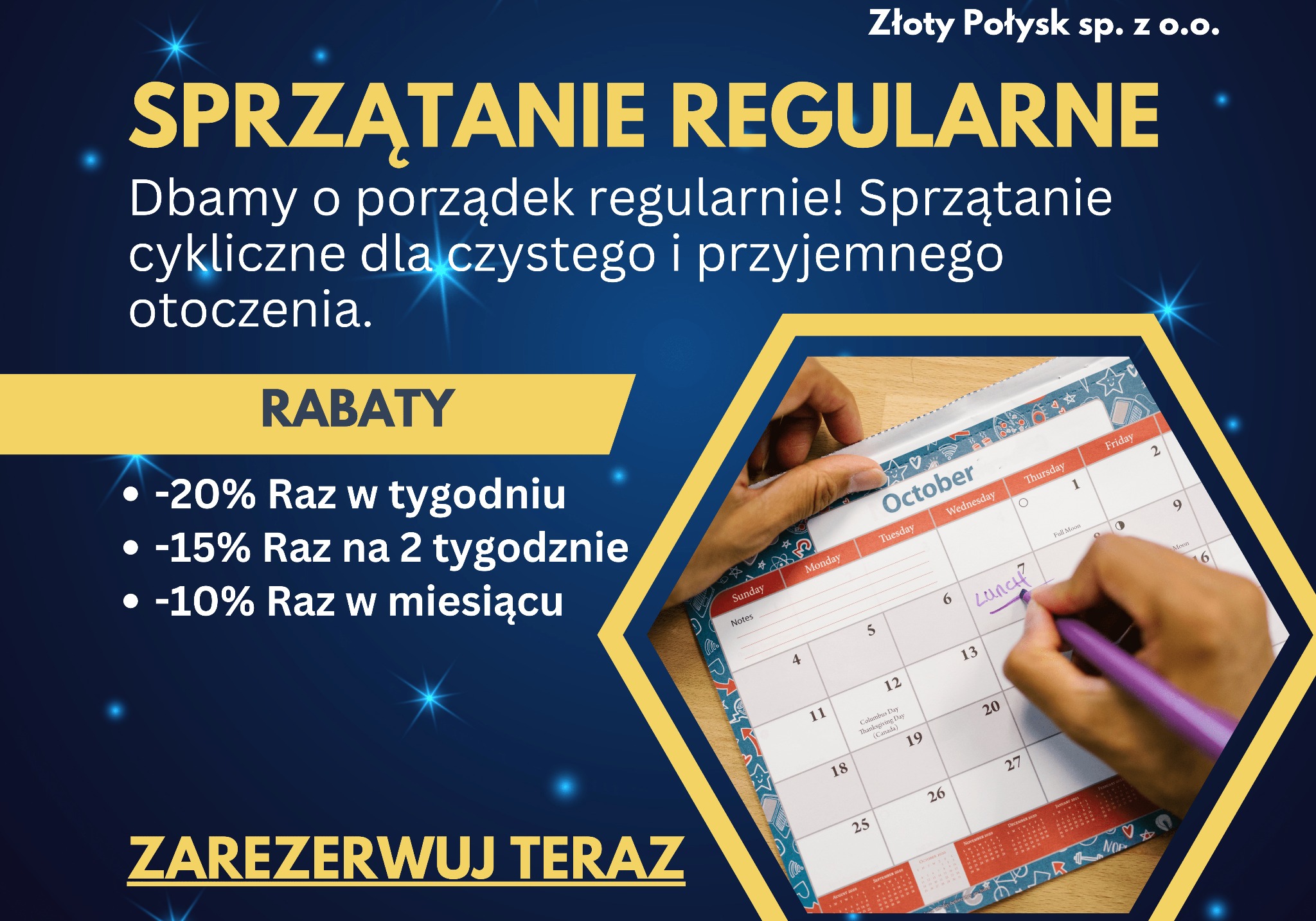 Kalendarz z zaznaczoną datą regularnego sprzątania, oferta rabatowa firmy sprzątającej, fioletowy długopis w dłoni zaznacza termin 'Lunch' w październiku.