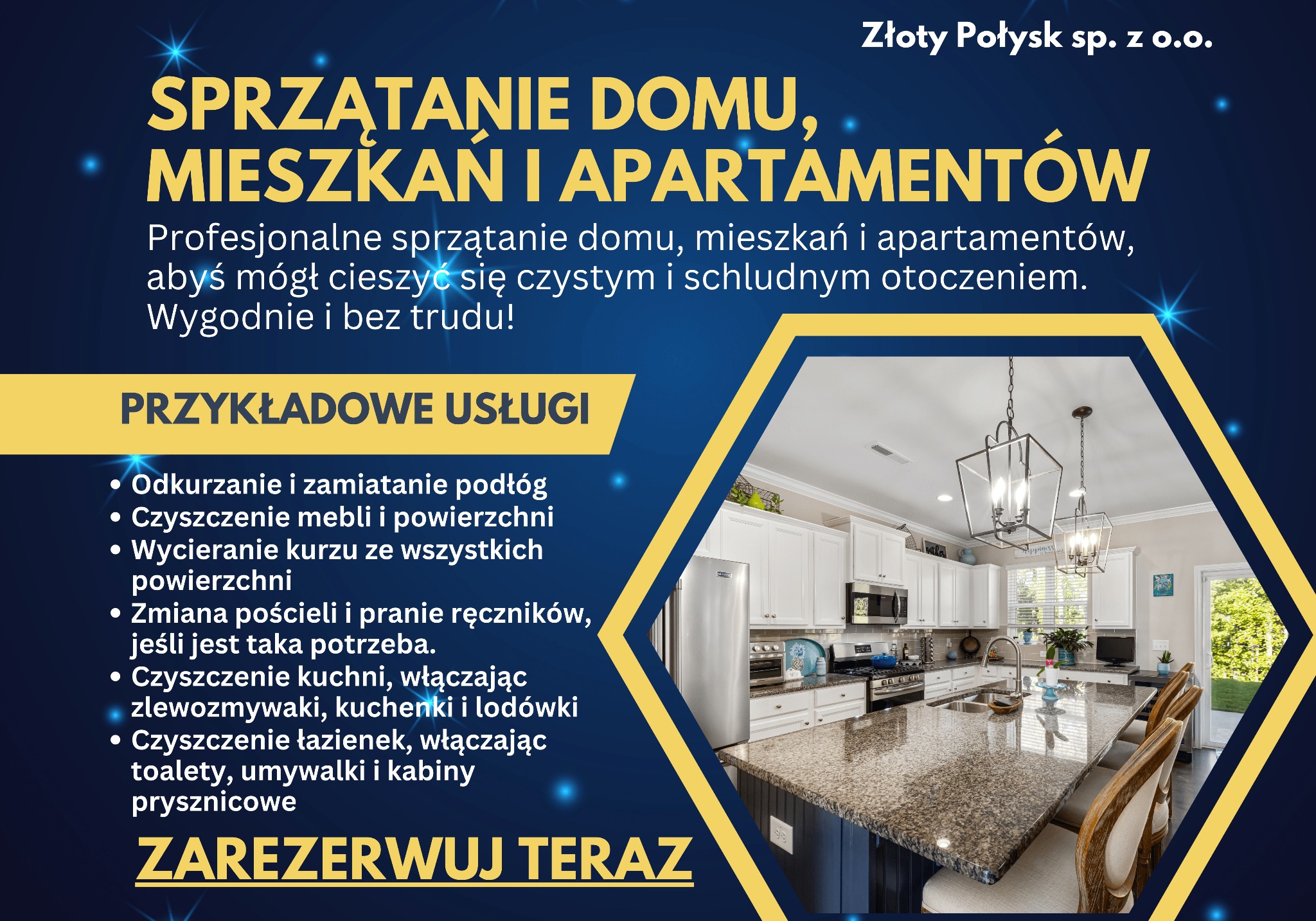 Grafika reklamowa firmy Złoty Połysk sp. z o.o. oferującej sprzątanie domów, mieszkań i apartamentów, prezentująca wnętrze czystej, jasnej kuchni z wyspą i krzesłami barowymi.