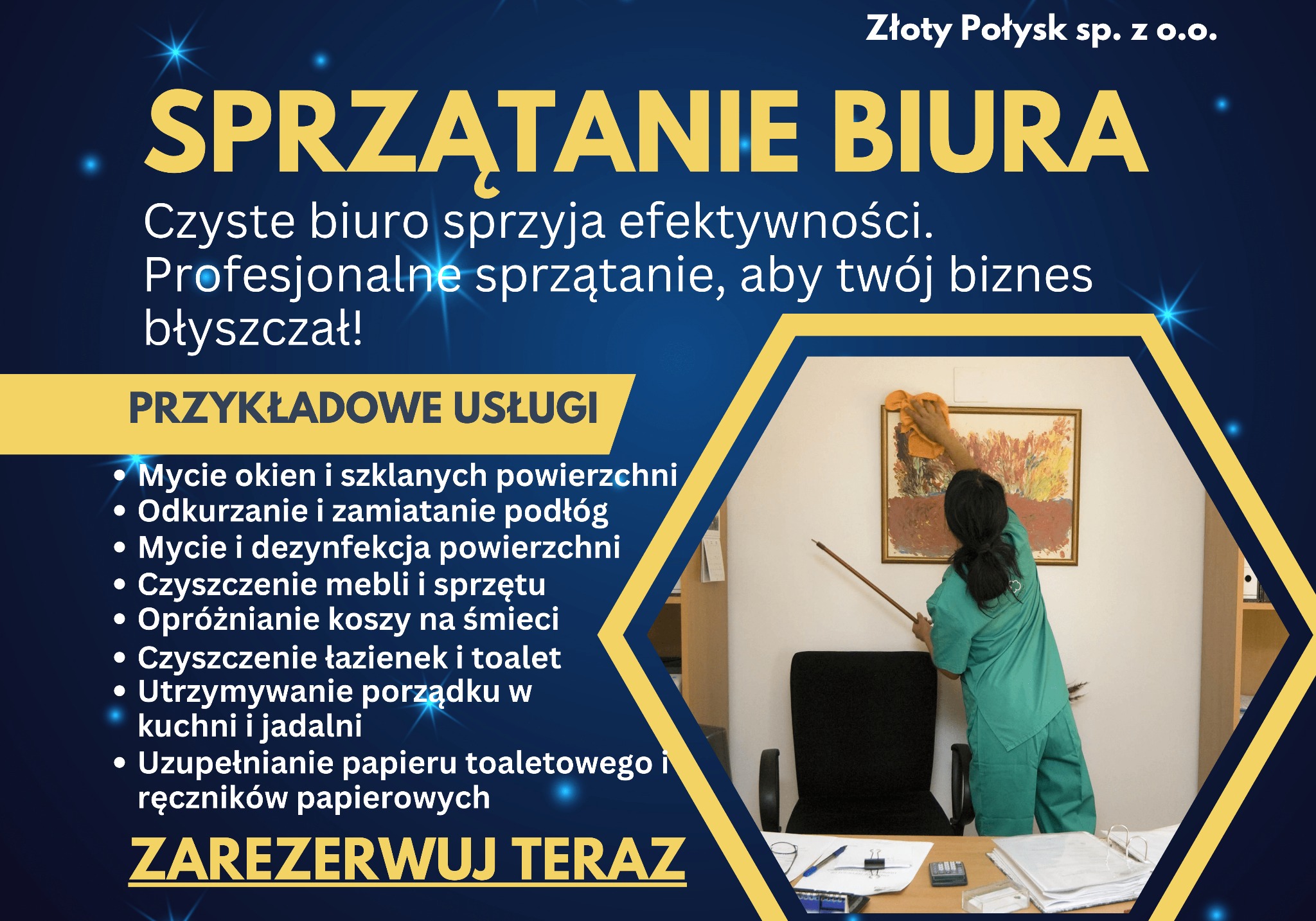 Grafika reklamowa firmy sprzątającej biura, prezentująca ofertę usług: mycie okien, odkurzanie, dezynfekcja, czyszczenie mebli, opróżnianie koszy, sprzątanie łazienek, utrzymywanie porządku...