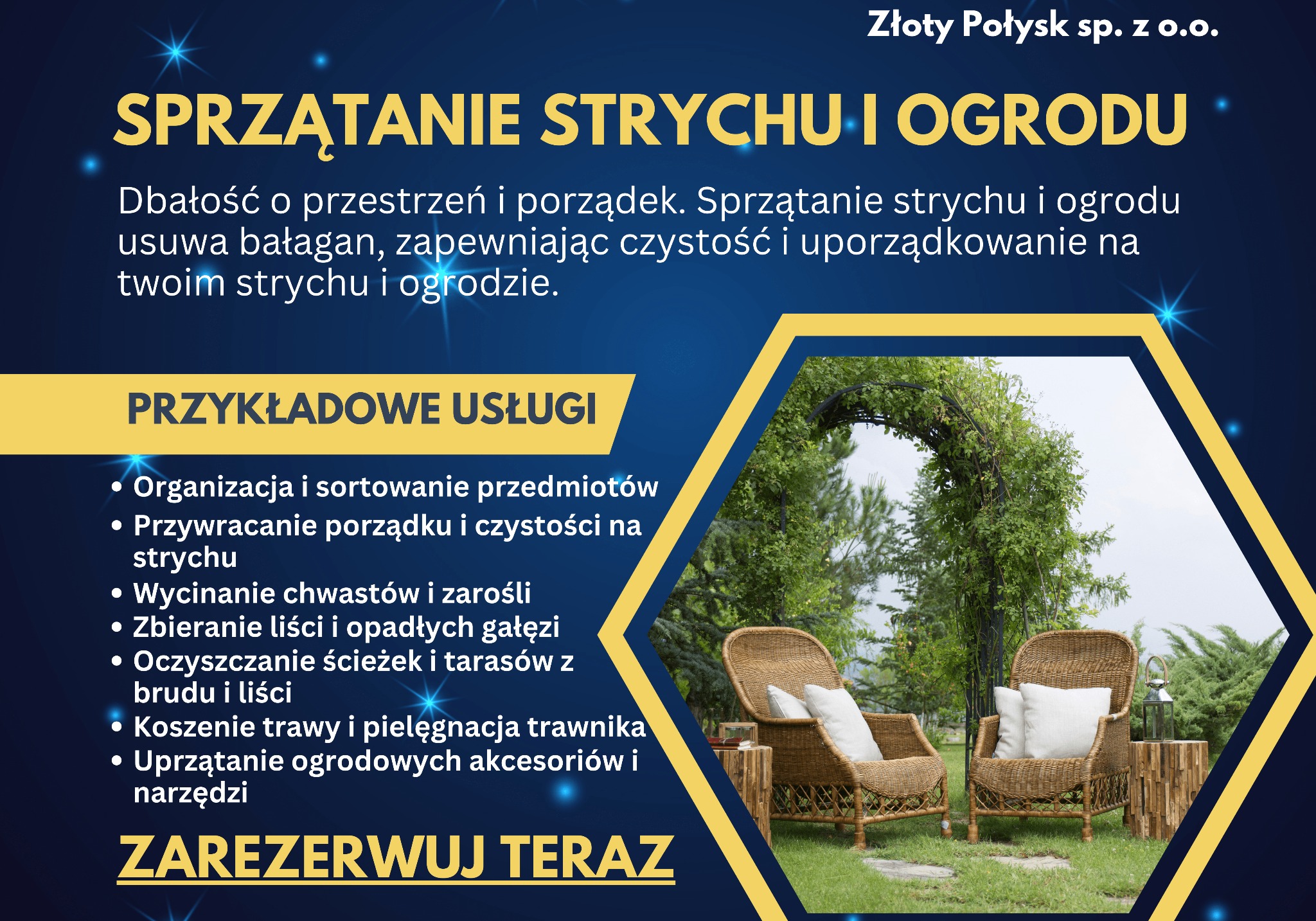 Grafika reklamowa firmy Złoty Połysk sp. z o.o. oferującej sprzątanie strychów i ogrodów, z dwoma wiklinowymi fotelami z białymi poduszkami na zadbanym trawniku, obok stolik z lampionem, w tle...