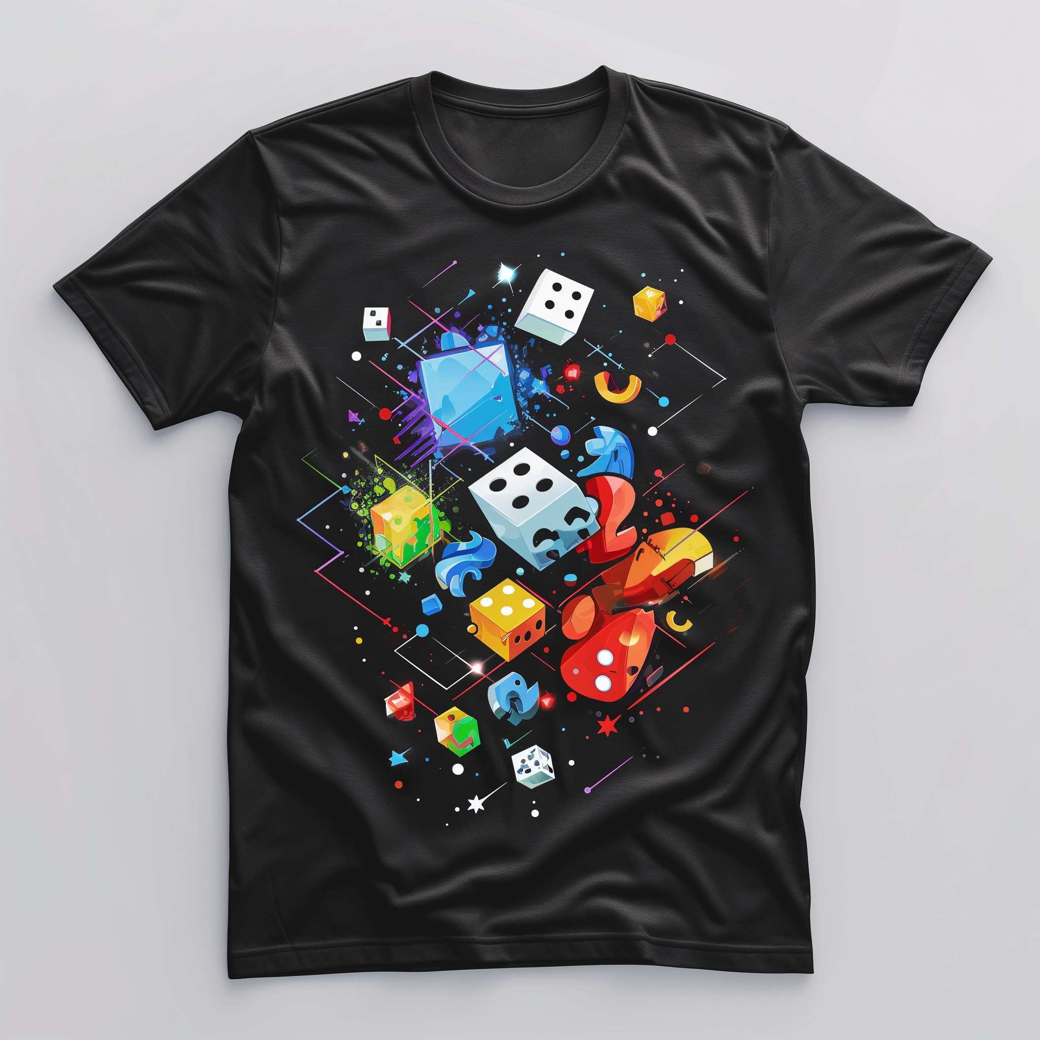 Czarna koszulka z nadrukiem kostek do gry i abstrakcyjnych kształtów na białym tle.