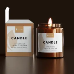 Dwie sojowe świece zapachowe w brązowych szklanych słoikach, jedna zapalona, obok pudełko z identycznym nadrukiem, minimalistyczny design z logo Eco Life.